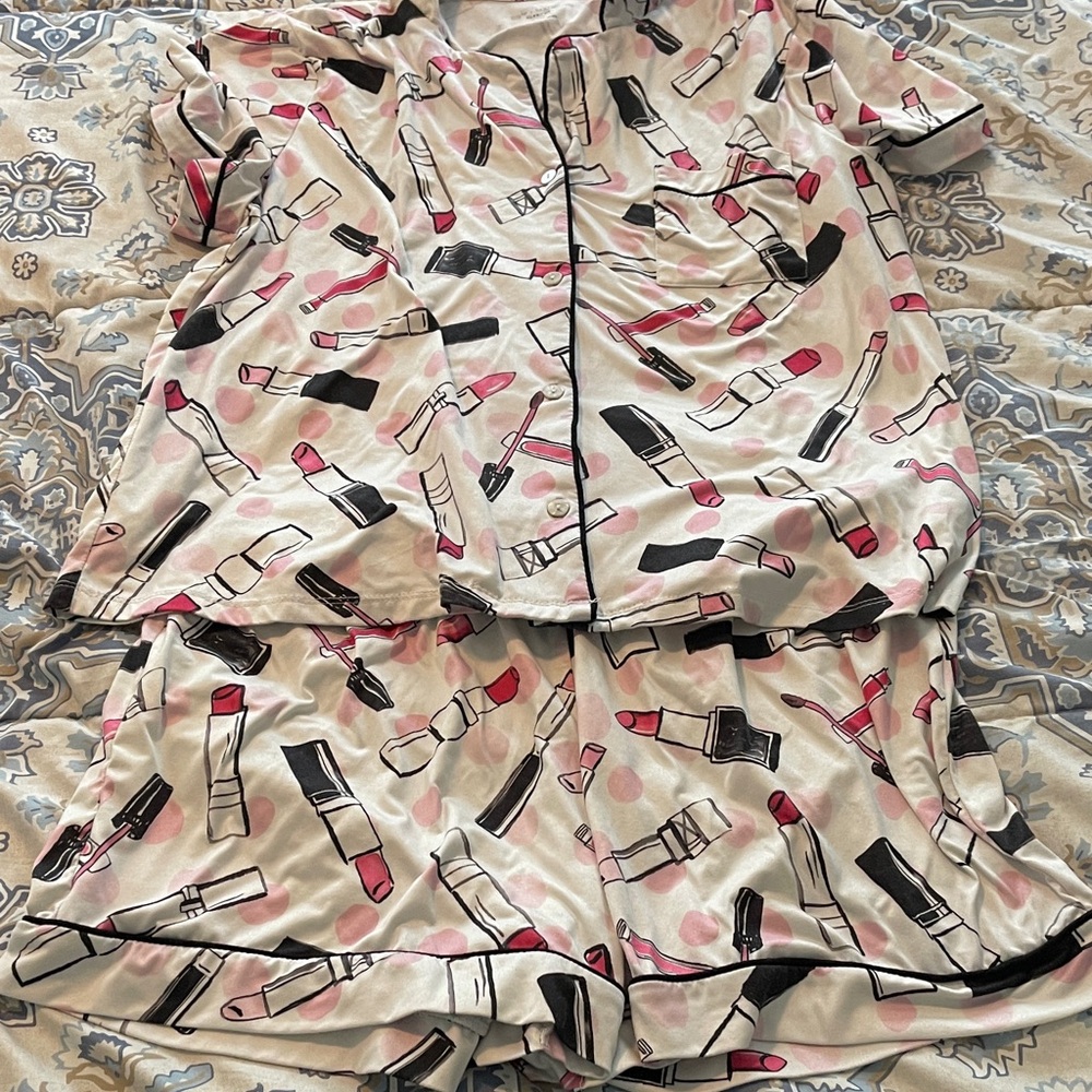89th & Madison Lipstick Print Pajama Set - Pink and Black